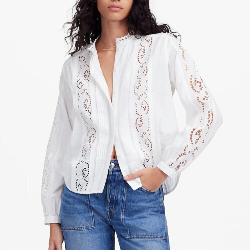 Madewell Lace Inset Pintucked Button Up Top Long Sleeves White Size XXS NWT